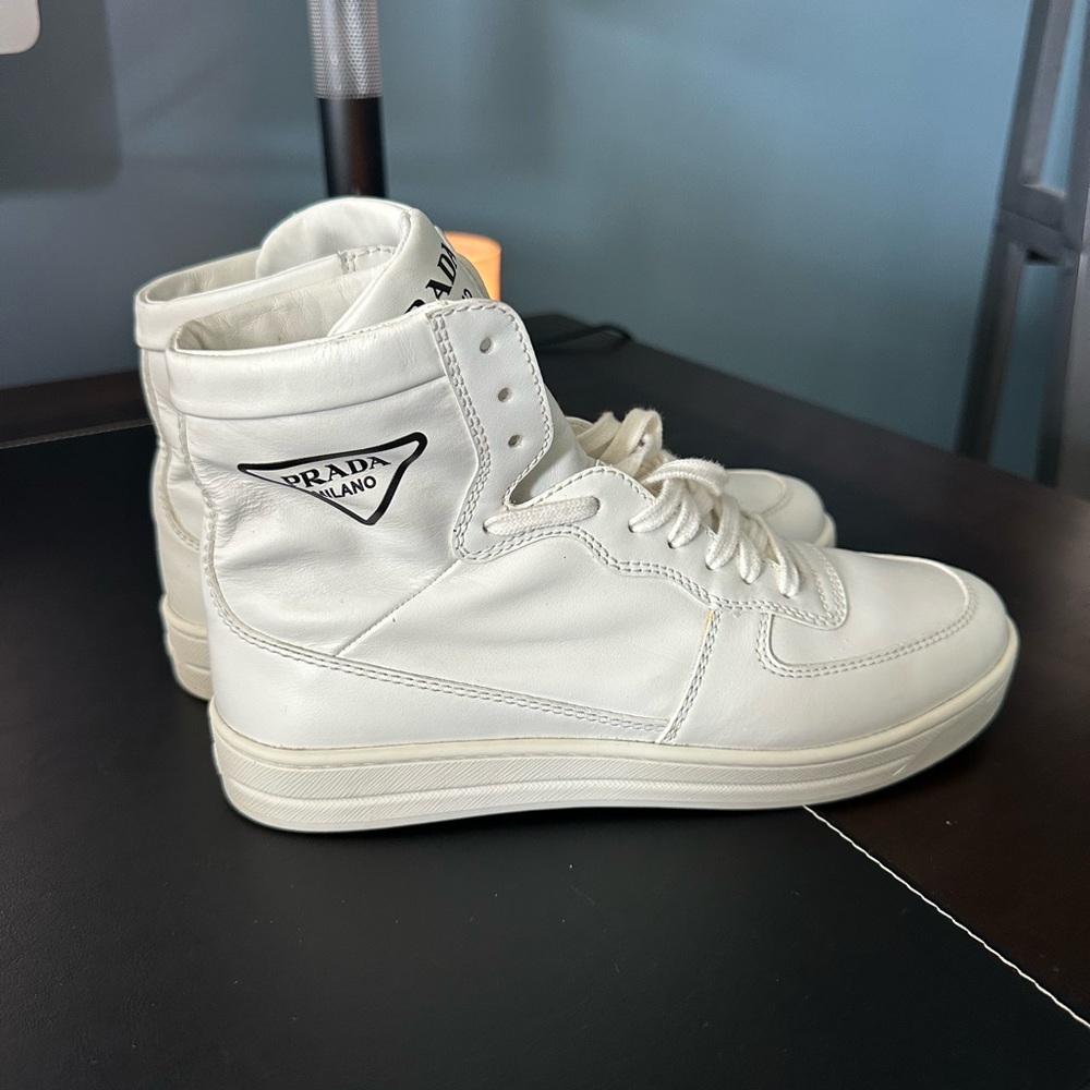 Prada White High-Top Leather Sneakers